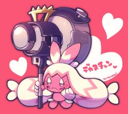 Rule 34 | blush, clenched hand, creatures (company), eyelashes, game freak, heart, holding, holding mallet, kotorai, long hair, mallet, nintendo, no humans, open mouth, pink background, pink eyes, pokemon, pokemon (creature), signature, solo, tinkaton, translation request, white hair