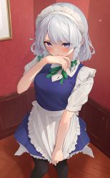 Rule 34 | 1girl, apron, black pantyhose, blue dress, blue eyes, blush, bow, braid, buttons, closed mouth, collared shirt, dress, embarrassed, feet out of frame, fingernails, frilled apron, frills, green bow, green ribbon, grey hair, hair bow, highres, izayoi sakuya, kanpa (campagne 9), looking at viewer, maid, maid apron, maid headdress, pantyhose, revision, ribbon, shirt, short hair, short sleeves, solo, touhou, twin braids, waist apron, white apron, white shirt