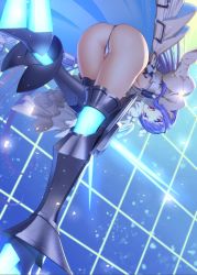 Rule 34 | 1girl, :d, armor, armored boots, ass, bent over, blue eyes, blue ribbon, blush, boots, breasts, crotch plate, fate/grand order, fate (series), from behind, hair ribbon, long hair, long sleeves, looking at viewer, looking back, meltryllis (fate), meltryllis (third ascension) (fate), navel, open mouth, purple hair, revealing clothes, ribbon, saruchitan, sleeves past wrists, smile, solo, thighhighs, very long hair