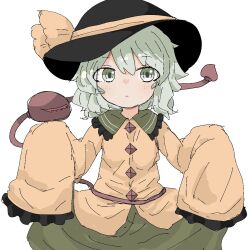 Rule 34 | 1girl, black hat, blouse, bow, buttons, closed mouth, cowboy shot, diamond button, expressionless, eyeball, frilled shirt collar, frilled sleeves, frills, green eyes, green skirt, hands up, hat, hat bow, hat ribbon, iroha-kuro, komeiji koishi, light green hair, long sleeves, looking at viewer, medium hair, ribbon, shirt, simple background, skirt, sleeves past fingers, sleeves past wrists, solo, standing, third eye, touhou, wavy hair, white background, wide sleeves, yellow bow, yellow ribbon, yellow shirt