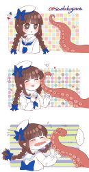 Rule 34 | +++, ..., 1boy, 1girl, 3koma, :d, ^^^, absurdres, afterimage, bad id, bad pixiv id, beret, blue bow, blush, bow, braid, brown hair, cheek pull, closed eyes, comic, commentary request, flying sweatdrops, fukami (funamusea), funamusea, hair bow, hat, heart, highres, long hair, long sleeves, looking at another, low twintails, motion lines, neckerchief, oounabara to wadanohara, open mouth, pointy ears, sailor collar, shirt, smile, spoken ellipsis, suction cups, sudakoyarou, sweat, tears, tentacles, turtleneck, twin braids, twintails, twitter username, wadanohara, wavy mouth, white hat, white shirt