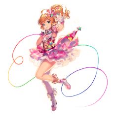 Rule 34 | aria (destiny child), boots, destiny child, dress, frilled dress, frills, gloves, green eyes, hair ornament, knee boots, microphone, orange hair, pink dress, rainbow, side ponytail, tagme, thighs, transparent background, white gloves, wire