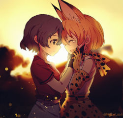Rule 34 | 10s, 2girls, animal ears, cat ears, cat tail, closed eyes, from side, hand on another&#039;s face, happy, kaban (kemono friends), kemono friends, looking at another, multiple girls, no headwear, no headwear, open mouth, outdoors, serval (kemono friends), serval print, serval tail, smile, spoilers, standing, sunset, tail, tears, yaoshi jun, yuri