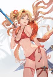 Rule 34 | 10s, 1girl, :d, arm behind back, bare shoulders, bikini, blonde hair, blue eyes, bracelet, breasts, collarbone, cowboy shot, cross, eyewear on head, flower, from below, glasses, granblue fantasy, hair flower, hair ornament, hibiscus, highres, holding, holding weapon, jewelry, lack, looking at viewer, medium breasts, navel, open mouth, over shoulder, red bikini, red ribbon, ribbon, side-tie bikini bottom, silhouette, simple background, single hair intake, smile, solo, standing, stomach, string bikini, sunglasses, swimsuit, thigh strap, weapon, white background, zeta (granblue fantasy)