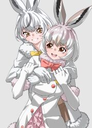 Rule 34 | 2girls, animal ears, blush, bow, bowtie, brown eyes, center frills, coat, commentary, cowboy shot, elbow gloves, ezo mountain hare (kemono friends), frills, fur collar, fur trim, gloves, grey hair, highres, hug, hug from behind, kemono friends, long sleeves, looking at another, mountain hare (kemono friends), multicolored hair, multiple girls, pink bow, pink bowtie, pink shirt, rabbit ears, rabbit girl, shirt, short hair, short sleeves, smile, tanabe (fueisei), white fur, white gloves, white hair, winter clothes, winter coat, yellow bow, yellow bowtie, yellow eyes