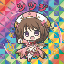 Rule 34 | 1girl, :d, bikkuriman (style), blush, book, brown hair, character name, chibi, coat, flower, flower knight girl, fur trim, hair flower, hair ornament, hat, holding, holding book, kneehighs, long sleeves, open book, open mouth, outstretched arm, parody, pink coat, pink flower, pink footwear, pleated skirt, purple eyes, ri-net, round teeth, shoes, skirt, smile, socks, solo, teeth, tsutsuji (flower knight girl), two side up, upper teeth only, white hat, white skirt, white socks