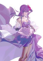 Rule 34 | 1girl, alternate costume, alternate hairstyle, bare shoulders, bazett fraga, black gloves, black pantyhose, bouquet, breasts, cleavage, closed mouth, collarbone, dress, elbow gloves, fate/stay night, fate (series), floating hair, flower, formal, gloves, hair between eyes, hair ribbon, highres, holding, holding bouquet, long hair, looking at viewer, matou sakura, medium breasts, pantyhose, pink ribbon, purple dress, purple eyes, purple flower, purple hair, purple rose, ribbon, rose, sleeveless, sleeveless dress, smile, solo, takeuchi takashi (style)