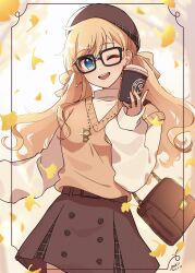 Rule 34 | 1girl, absurdres, bag, black-framed eyewear, blonde hair, blue eyes, blush, breasts, brown headwear, brown skirt, coffee cup, cup, disposable cup, grk 11601, hair ribbon, handbag, highres, idolmaster, idolmaster cinderella girls, jewelry, long hair, looking at viewer, low twintails, medium breasts, ohtsuki yui, one eye closed, open mouth, pinky ring, ribbon, skirt, smile, solo, sweater, sweater vest, turtleneck, turtleneck sweater, twintails, wavy hair