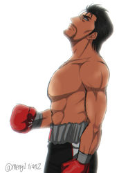Rule 34 | 1boy, bad id, bad pixiv id, black hair, boxing gloves, boxing shorts, date eiji, facial hair, from side, hajime no ippo, highres, jiromayu, male focus, scar, shorts, simple background, solo, swept bangs, white background