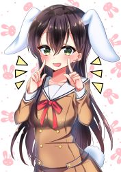 Rule 34 | 1girl, :d, animal ears, bang dream!, black hair, blush, brown dress, buttons, commentary request, double-breasted, dress, green eyes, hair between eyes, hanazono tae, hands up, highres, kemonomimi mode, kiriya (nesucha), long hair, long sleeves, neck ribbon, notice lines, open mouth, pointing, pointing at self, rabbit background, rabbit ears, rabbit tail, red ribbon, ribbon, sailor dress, smile, solo, tail