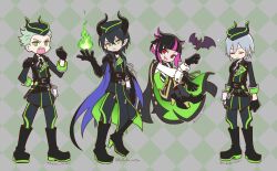 4boys argyle_background bat_(animal) black_coat black_hair boots coat coat_on_shoulders commentary_request dragon_boy dragon_horns fire floating full_body funuyu green_background green_eyes green_fire green_hair green_theme green_vest grey_background grey_hair horns jodhpurs lilia_vanrouge long_hair male_focus malleus_draconia multicolored_hair multiple_boys pants pink_hair pointy_ears red_eyes sebek_zigvolt short_hair silver_(twisted_wonderland) slit_pupils streaked_hair twisted_wonderland vest