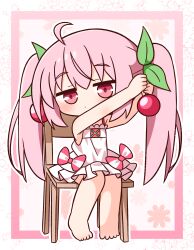 1girl barefoot blush chair cherry_hair_ornament chibi chibi_only closed_mouth commentary_request dress food-themed_hair_ornament full_body hair_ornament hana_kazari hatsune_miku highres jitome long_hair looking_at_viewer on_chair outline pink_dress pink_hair red_eyes sakura_miku sitting sleeveless sleeveless_dress solo twintails vocaloid white_outline