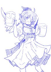 Rule 34 | 1girl, ahoge, animal ears, apron, bird ears, bird wings, cup, dress, fang, feet out of frame, hat, highres, holding, holding cup, mystia lorelei, one eye closed, open mouth, short hair, short sleeves, simple background, sketch, skin fang, smile, solo, tatutaniyuuto, touhou, unfinished, white background, wings