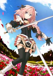 Rule 34 | 1boy, armor, astolfo (fate), black ribbon, black thighhighs, braid, fate/apocrypha, fate/grand order, fate (series), field, flower, flower field, from below, garter straps, gauntlets, hair ribbon, holding, holding sword, holding weapon, konoe ototsugu, long hair, male focus, official art, outdoors, pauldrons, pink hair, purple eyes, ribbon, shoulder armor, solo, sword, thighhighs, trap, weapon