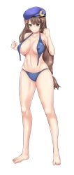 Rule 34 | 1girl, absurdres, areola slip, aster crowley, bare shoulders, beret, bikini, black eyes, blue bikini, blunt bangs, braid, breasts, brown hair, c-sha, clenched hands, closed mouth, collarbone, full body, hat, highres, large breasts, long hair, looking at viewer, navel, neptune (series), simple background, single braid, smile, solo, standing, stomach, swimsuit, untied bikini, very long hair, white background