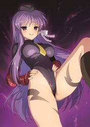 Rule 34 | 1girl, absurdres, black hat, breasts, cammy white, cammy white (cosplay), clannad, commission, corruption, cosplay, dark persona, empty eyes, fingerless gloves, from behind, fujibayashi kyou, gloves, hair ribbon, hands on own hips, hat, highres, hotaru iori, ichimi renge, leg up, leotard, long hair, looking at viewer, necktie, pixiv commission, purple eyes, purple hair, red gloves, ribbed leotard, ribbon, solo, street fighter, street fighter zero (series), white ribbon, yellow necktie