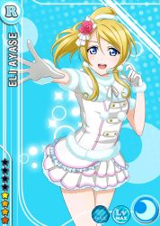Rule 34 | 10s, 1girl, :d, adjusting clothes, adjusting headwear, ayase eli, blonde hair, blue background, blue eyes, blush, bow, buttons, card (medium), character name, crescent, crescent moon, dress, earrings, flower, frilled dress, frills, fur trim, gloves, hair bow, hair flower, hair ornament, headset, high ponytail, idol, jewelry, long hair, looking at viewer, love live!, love live! school idol festival, love live! school idol project, moon, official art, open mouth, outstretched arm, outstretched hand, pleated dress, pom pom (clothes), red flower, red rose, rose, scrunchie, short sleeves, smile, snow halation, solo, sparkle, standing, star (symbol), swept bangs, white dress, white gloves