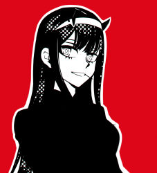 Rule 34 | 10s, 1girl, :d, darling in the franxx, greyscale, greyscale with colored background, hairband, highres, horns, long hair, looking at viewer, monochrome, mouth hold, murasaki saki, open mouth, outline, red background, simple background, smile, solo, upper body, white outline, zero two (darling in the franxx)