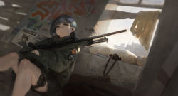 Rule 34 | 1girl, binoculars, black skirt, blue hair, child&#039;s drawing, closed mouth, francyce, graffiti, green eyes, gun, headset, highres, holding, holding gun, holding weapon, holster, indoors, jacket, military operator, on floor, ponytail, poster (object), rifle, sandbag, scope, sitting, skirt, sniper rifle, tactical clothes, tagme, wanted, weapon
