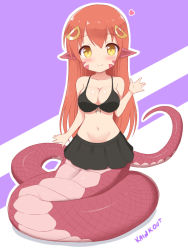 Rule 34 | 1girl, animal ears, bare arms, bare shoulders, bikini, bikini skirt, black bikini, blush, chibi, closed mouth, commentary request, full body, groin, hair ornament, kainkout, lamia, long hair, looking at viewer, miia (monster musume), monster girl, monster musume no iru nichijou, pleated skirt, pointy ears, purple background, red hair, scales, signature, skirt, slit pupils, smile, solo, swimsuit, two-tone background, very long hair, waving, yellow eyes