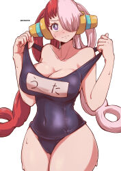 Rule 34 | 1girl, aosora2823, bare shoulders, blush, breasts, closed mouth, covered navel, cowboy shot, hair over one eye, headphones, highres, large breasts, long hair, multicolored hair, one-piece swimsuit, one piece, one piece film: red, pink hair, purple eyes, red hair, school swimsuit, simple background, solo, split-color hair, strap pull, swimsuit, two-tone hair, uta (one piece), very long hair, wavy mouth, wet, white background