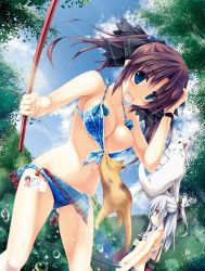 Rule 34 | 2girls, animal, animal on head, assisted exposure, bikini, bikini pull, blue bikini, blue eyes, blush, breasts, brown hair, cat, clothes pull, cloud, day, dog, earrings, fishing rod, forest, highres, id card, jewelry, kai yuuki, kurisugawa kii, large breasts, long hair, looking at viewer, multiple girls, nature, navel, on head, open mouth, original, outdoors, pulling another&#039;s clothes, red eyes, silver hair, sky, small breasts, swimsuit, updo, watch, water, white bikini, wristwatch