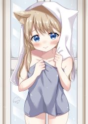 Rule 34 | 1girl, after bathing, animal ear fluff, animal ears, bathroom, blue eyes, blush, brown hair, cat ears, cat girl, covering privates, covering breasts, highres, long hair, looking at viewer, naked towel, original, solo, sugutsuka rerun, thighs, towel, towel on head, towel tug