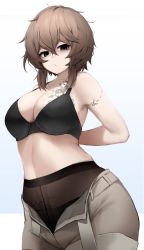 Rule 34 | 1girl, arms behind back, black bra, blue background, bra, breasts, brown hair, cleavage, closed mouth, cowboy shot, cut-here line, gradient background, highres, karinn (ka941), nine (kanine41), original, pantyhose, shorts, simple background, solo, tattoo, underwear, white background