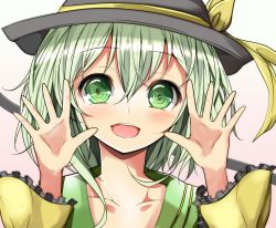 Rule 34 | 1girl, bad id, bad pixiv id, bow, collarbone, green eyes, green hair, hat, hat bow, highres, komeiji koishi, matching hair/eyes, open hands, open mouth, solo, touhou, velia, wide sleeves