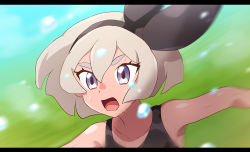 Rule 34 | 1girl, bare arms, bea (pokemon), blonde hair, blurry, bodysuit, bow hairband, brown hairband, chiimako, collarbone, commentary request, creatures (company), day, eyelashes, game freak, grass, grey eyes, hair between eyes, hairband, letterboxed, motion blur, nintendo, open mouth, outdoors, pokemon, pokemon: twilight wings, portrait, running, solo, sweat, tongue, upper body, water drop