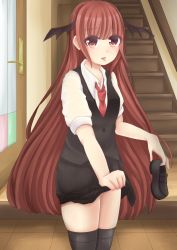 Rule 34 | 1girl, absurdres, black thighhighs, blush, clothes lift, door, door handle, dress shirt, head wings, highres, holding, holding clothes, holding shoes, holding skirt, indoors, koakuma, long hair, mary janes, necktie, nemuta muu, open mouth, red eyes, red hair, red necktie, see-through, shirt, shoes, skindentation, skirt, skirt hold, skirt lift, skirt set, solo, stairs, thighhighs, tongue, tongue out, touhou, very long hair, vest, wet, wet clothes, wings, zettai ryouiki