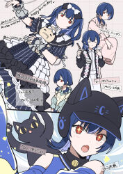 Rule 34 | 1girl, animal hat, black cat, black dress, black headwear, black jacket, blue hair, blue shirt, blush, bow, cat, cat hat, closed eyes, closed mouth, dated, detached sleeves, dress, fang, frilled dress, frilled shirt, frills, hair bow, hair down, happy birthday, hat, holding, holding ladle, holding saucer, holding stuffed toy, idolmaster, idolmaster shiny colors, jacket, ladle, long sleeves, looking at viewer, lying, medium hair, morino rinze, multiple views, open clothes, open jacket, open mouth, pepuko, pink dress, puffy short sleeves, puffy sleeves, red eyes, saucer, shirt, short sleeves, sitting, skin fang, skirt, sparkling eyes, standing, stuffed toy, translation request, twintails, twitter username, upper body, white shirt, white skirt, wrist cuffs