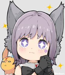 Rule 34 | + +, 1girl, animal ear fluff, animal ears, bare shoulders, black bow, black gloves, blush, bow, cat ears, chibi, closed mouth, final fantasy, final fantasy xiv, gloves, grey background, hands up, haruken, miqo&#039;te, own hands clasped, own hands together, portrait, purple eyes, purple hair, simple background, solo focus, sparkle