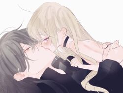 Rule 34 | 1boy, 1girl, age difference, black choker, black shirt, blonde hair, blush, choker, couple, girl on top, grey hair, hetero, highres, kiss, long hair, looking at another, msa (fary white), original, profile, shirt, simple background, sketch, sweat, upper body, white background