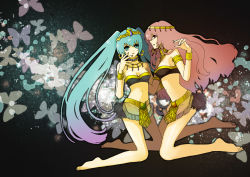 Rule 34 | 2girls, bad id, bad pixiv id, barefoot, bracelet, breasts, bug, butterfly, choker, cleavage, earrings, egyptian, green eyes, green hair, harem outfit, hatsune miku, headdress, bug, irono (irtyu), jewelry, large breasts, legs, long hair, medium breasts, megurine luka, multiple girls, pink eyes, pink hair, twintails, vocaloid
