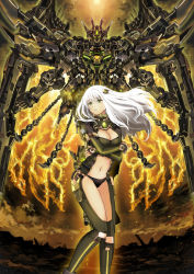 Rule 34 | 1girl, arms under breasts, breasts, chain, cleavage, clothing cutout, energy, floating hair, flying, garimpeiro, glowing, glowing eyes, green eyes, highres, long hair, looking at viewer, looking down, looking to the side, mecha, mechanical wings, midriff, navel, open hands, original, robot, stomach cutout, white hair, wings