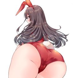 Rule 34 | 1girl, animal ears, ass, bad id, bad twitter id, beeftanizoko, blush, brown eyes, brown hair, fake animal ears, fake tail, huge ass, idolmaster, idolmaster shiny colors, leotard, looking at viewer, looking back, playboy bunny, rabbit tail, red leotard, simple background, solo, tail, tsukioka kogane, white background
