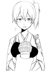 Rule 34 | 10s, 1girl, blush, flying sweatdrops, greyscale, ha akabouzu, highres, japanese clothes, kaga (kancolle), kantai collection, microphone, monochrome, muneate, open mouth, ponytail, short hair, short sleeves, side ponytail, solo focus