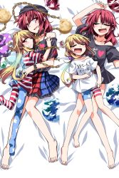Rule 34 | 2girls, alternate costume, american flag dress, american flag legwear, american flag shirt, bare shoulders, barefoot, bike shorts, blonde hair, chain, closed eyes, clothes writing, clownpiece, collar, collarbone, dakimakura (medium), earth (planet), fairy wings, hand on head, hat, hecatia lapislazuli, hemogurobin a1c, highres, jester cap, long hair, looking at viewer, lying, moon, multicolored clothes, multicolored skirt, multiple girls, naked shirt, off shoulder, on back, on side, open mouth, pantyhose, pink eyes, planet, red eyes, red hair, shirt, skirt, sleeping, smile, touhou, u u, very long hair, wings, yuri