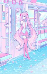 Rule 34 | 1girl, artist name, cherry blossoms, hatsune miku, highres, long hair, maegjuw, necktie, pastel colors, pink hair, pink necktie, pink skirt, pink thighhighs, shirt, skirt, sleeveless, sleeveless shirt, smile, solo, thighhighs, train interior, twintails, very long hair, vocaloid, water, white shirt