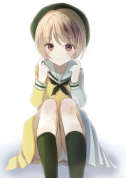 Rule 34 | 1girl, artist name, artist request, asymmetrical sleeves, bare legs, belt, beret, blush, breasts, brown hair, buttons, collarbone, dress, dress shirt, female focus, finger to cheek, fingers to cheeks, green hat, green legwear, green neckerchief, grey hair, hat, highres, knees up, layered skirt, legs up, light brown hair, long sleeves, looking at viewer, love live!, love live! nijigasaki high school idol club, love live! school idol festival, miniskirt, mirai harmony, mismatched sleeves, nakasu kasumi, neckerchief, parted lips, pink eyes, plaid, plaid skirt, pleated, pleated skirt, purple eyes, sailor collar, sailor dress, shirt, short hair, sitting, skirt, small breasts, smile, solo, striped clothes, striped skirt, two-tone dress, two-tone skirt, white sailor collar, white shirt, white skirt, yellow belt, yellow shirt, yellow skirt