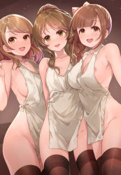 Rule 34 | 3girls, :d, apron, areola slip, arms behind back, black legwear, blush, bow, breasts, brown eyes, brown hair, collarbone, commentary request, green eyes, hair bow, halterneck, hand up, highres, hojo karen, idolmaster, idolmaster cinderella girls, igarashi kyoko, large breasts, long hair, looking at viewer, medium breasts, mk (mod0), multiple girls, naked apron, open mouth, pink bow, ponytail, round teeth, smile, standing, takamori aiko, tareme, teeth, thighhighs, thighs, upper teeth only, white apron, yellow eyes