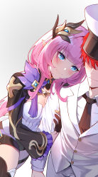Rule 34 | 1boy, 1girl, artist request, blue eyes, blunt bangs, blush, boots, breasts, business suit, captain (honkai impact), cleavage, closed mouth, couple, elysia (honkai impact), elysia (miss pink elf) (honkai impact), formal, gloves, hair ornament, hat, head on another&#039;s shoulder, hetero, highres, honkai (series), honkai impact 3rd, hug, leaning on person, leaning to the side, long hair, looking at another, medium breasts, necktie, peaked cap, pink hair, pink pupils, pointy ears, red hair, side-by-side, single glove, smile, suit, thigh boots, thighhighs, very long hair, white suit