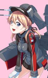 Rule 34 | 10s, anchor hair ornament, black ribbon, black skirt, blonde hair, blue eyes, cross, gloves, hair ornament, hat, highres, iron cross, kantai collection, low twintails, machinery, microskirt, military, military hat, military uniform, nakamori koutarou, peaked cap, prinz eugen (kancolle), ribbon, skirt, solo, twintails, uniform