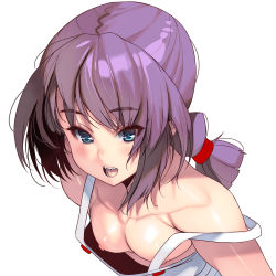 Rule 34 | 1girl, absurdres, blue eyes, breasts, brown hair, downblouse, from above, highres, kouno (masao), leaning forward, looking at viewer, medium hair, nipples, no bra, open mouth, original, small breasts, solo, white background