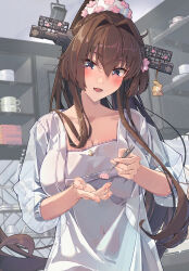 Rule 34 | 1girl, apron, blush, breasts, brown eyes, brown hair, collarbone, flower, hair flower, hair ornament, headgear, highres, himeyamato, holding, holding spoon, kantai collection, large breasts, long hair, open mouth, ponytail, smile, solo, spoon, very long hair, yamato (kancolle)