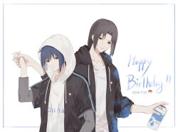 Rule 34 | 2boys, alternate costume, black hair, black hoodie, blue hair, collarbone, contemporary, drawstring, english text, expressionless, facial mark, grey eyes, hand up, happy birthday, highres, holding, holding hands, hood, hoodie, layered sleeves, low ponytail, lydiaaa, male focus, multiple boys, naruto, naruto (series), short hair, smile, spray can, uchiha itachi, uchiha sasuke, white background, white hoodie