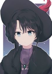 Rule 34 | 1girl, bad id, bad pixiv id, black hair, black hat, blue eyes, braid, closed mouth, copyright request, hair between eyes, hat, highres, long hair, looking away, looking down, outline, poyo (shwjdddms249), purple sweater, ribbed sweater, sidelocks, solo, sweater, upper body, white outline