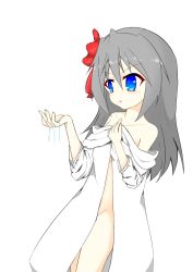Rule 34 | 1girl, bare shoulders, blue eyes, blush, bow, coat, collarbone, daifuku (daifuku kosiann), female focus, flat chest, grey hair, groin, hair between eyes, hair bow, hands up, highres, light blush, long hair, long sleeves, naked coat, no bra, no panties, off shoulder, open mouth, original, red bow, simple background, solo, standing, water, white background, white coat