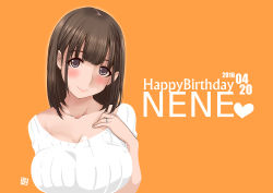 Rule 34 | 10s, 1girl, 2016, anegasaki nene, aoi manabu, blush, breasts, brown eyes, brown hair, character name, cleavage, collarbone, dated, happy birthday, jewelry, large breasts, looking at viewer, love plus, mole, mole under eye, ribbed sweater, ring, smile, solo, sweater, upper body